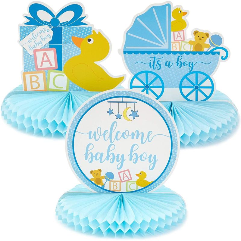 6 Pack (2 of Each) Baby Shower Table Honeycomb Decorations for Boys, 3 Assorted Design, Blue, 8.25 x 7.5 inches