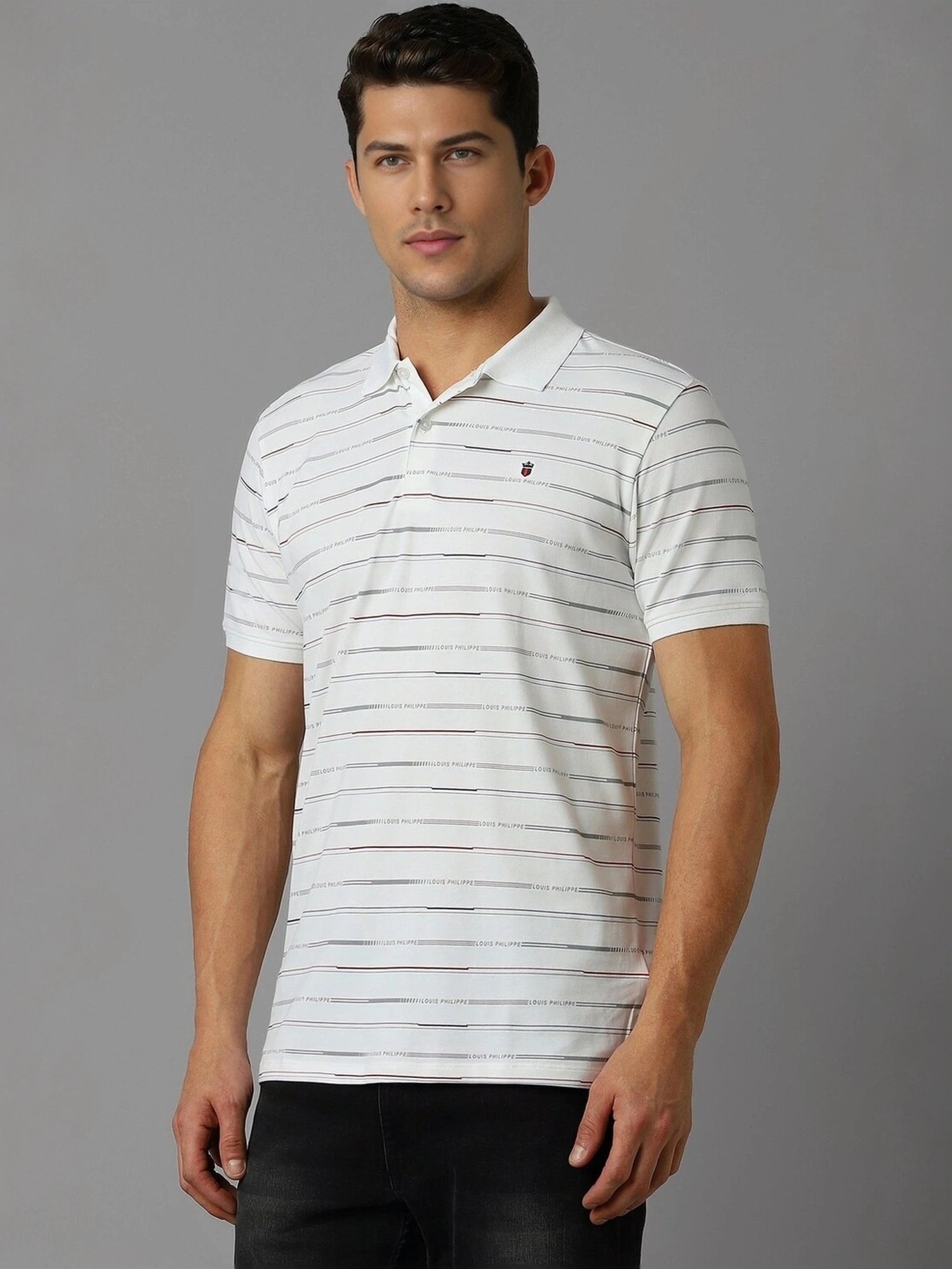Louis Philippe White Cotton Slim Fit Striped Polo T-Shirt