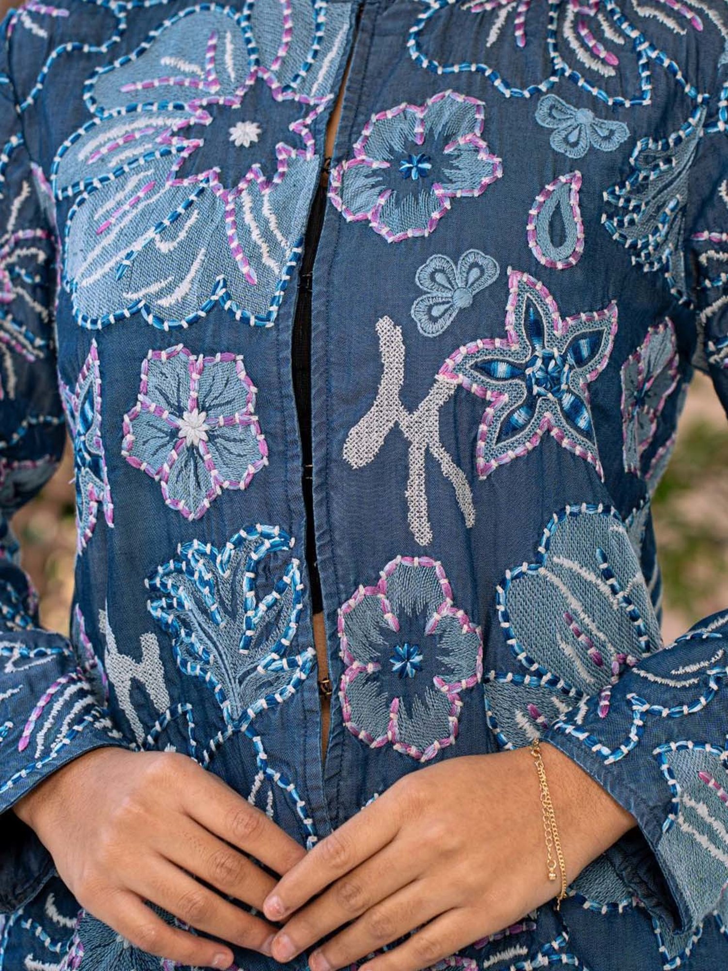Zolo Label Blue Cotton Embroidered Jacket