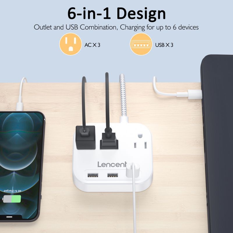 LENCENT 2 Prong Power Strip, 3 Prong to 2 Prong Outlet Adapter, 6.6ft Braided Extension Cord with Polarized Plug, 3 AC Outlets & 3 USB(5V 3.4A Max), Wall Mountable, Ideal for Non-Grounded Outlets