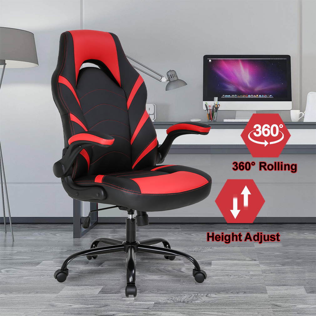 Gaming Chair Home Office Chair PC Computer Chair Rolling Swivel Desk Chair with Lumbar Support High-Back PU Leather Flip-up Arms E-sport Racing Chair for Men(Red)