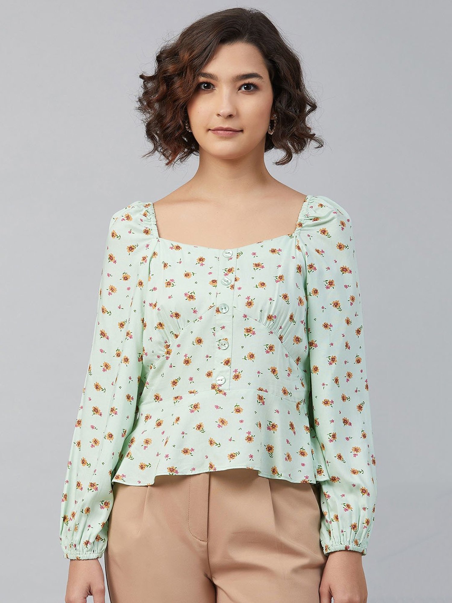 Marie Claire Light Green Floral Print Peplum Top