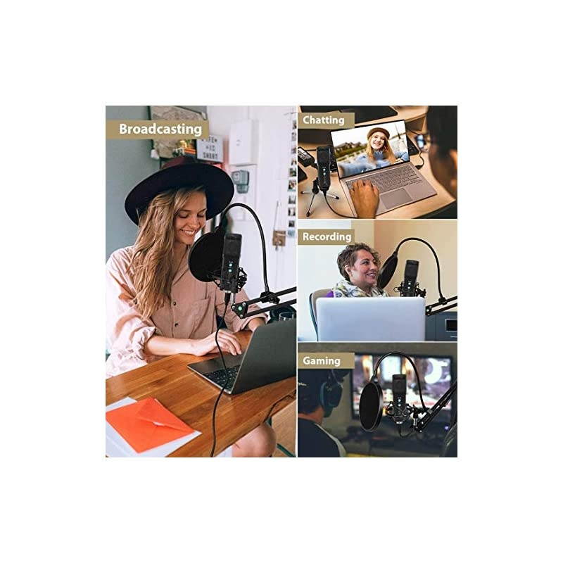 Condenser Microphone for Computer, Professional PC Microphone Kit with Noise Cancelling, Mute Button, Adjustable Metal Arm Stand, Great for Gaming, Podcast, LiveStreaming, Recording, Black