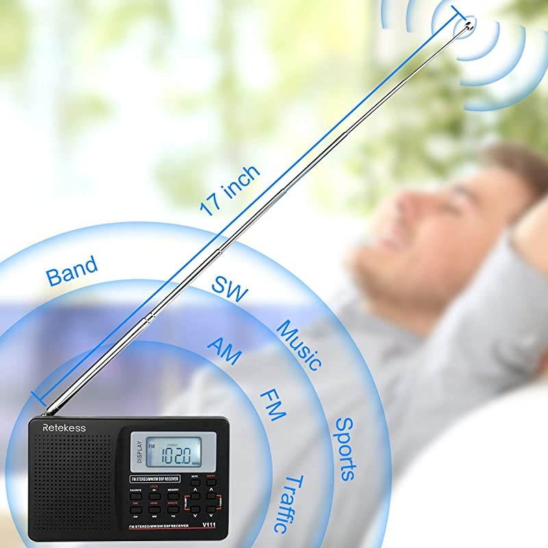 V111 Portable AM FM Shortwave Radio Alarm Clock Battery Operated AA Battery with Earphones Jack Sleep Timer for TravelBlack
