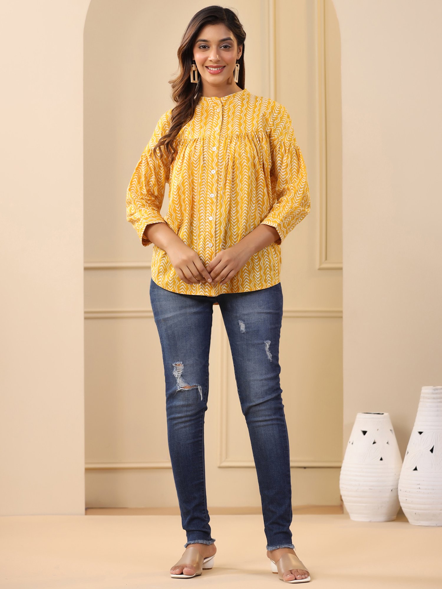 Jaipur Kurti Yellow Printed Top