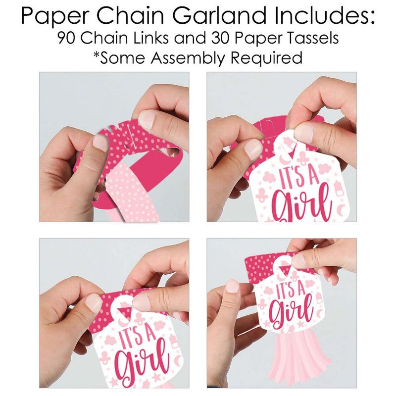 Big Dot of Happiness It's a Girl - 90 Chain Links and 30 Paper Tassels Decoration Kit - Pink Baby Shower Paper Chains Garland - 21 feet