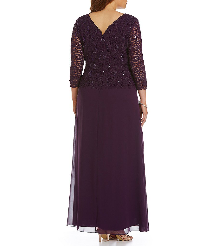 Alex Evenings Plus Size Boat Neck 3/4 Sleeve Sequin Lace Scalloped Hem Bodice Chiffon Skirted Dress
