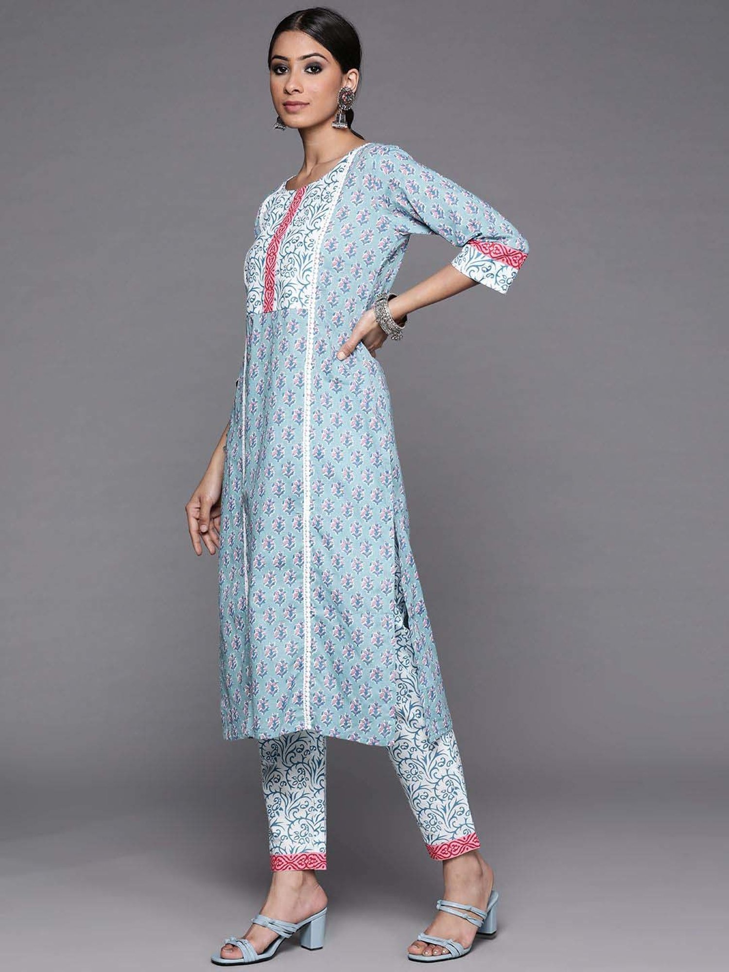 Libas Blue Cotton Printed Kurta Pant Set With Dupatta
