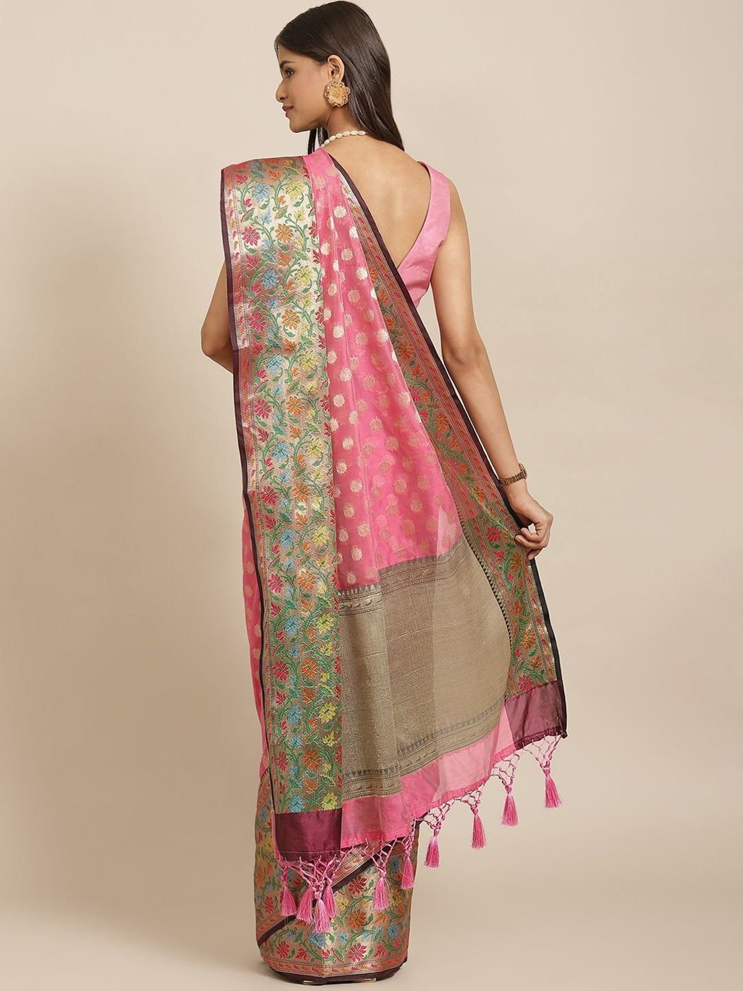 Silk Land Kanjivaram Silk Pink Woven Saree With Unstitched Blouse