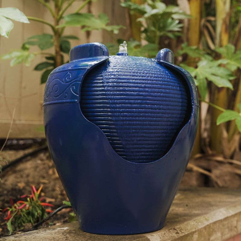 17" Round Outdoor Vase Fountain with Ridges and Waterfall Blue - XBrand