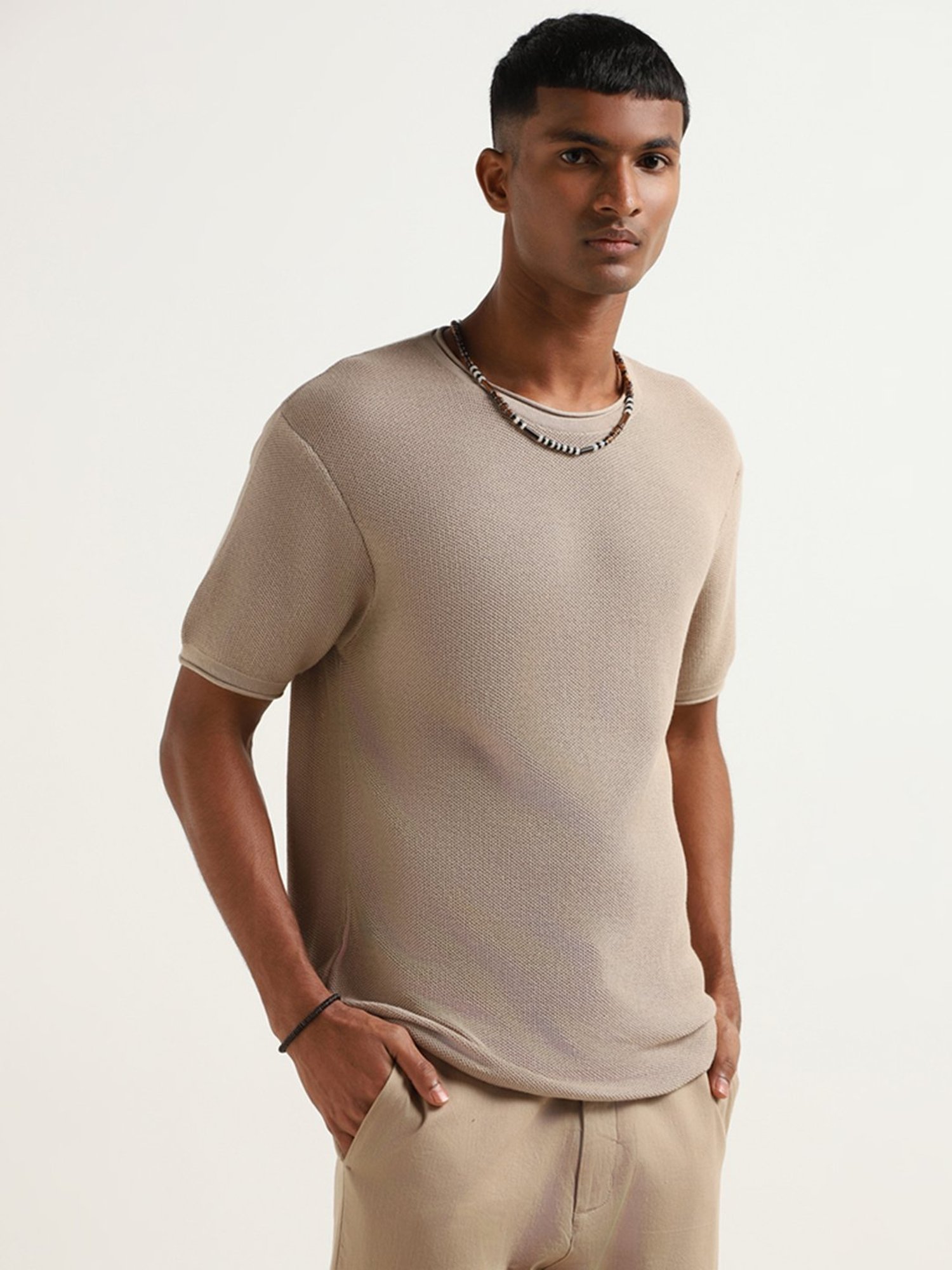 ETA by Westside Beige Knitted Slim Fit T-Shirt
