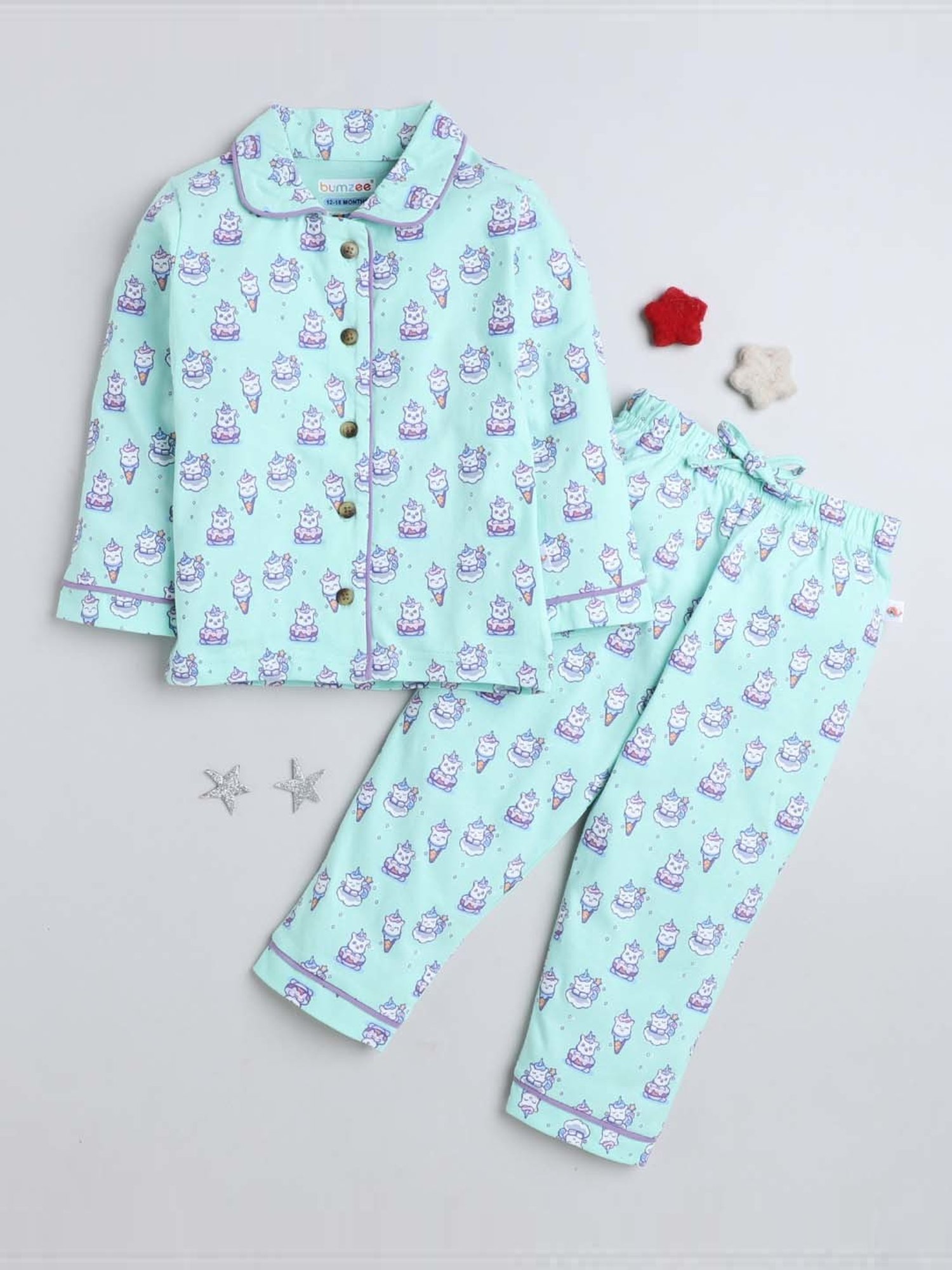 Bumzee Girls Mint Green Cotton Printed Full Sleeves Shirt Set