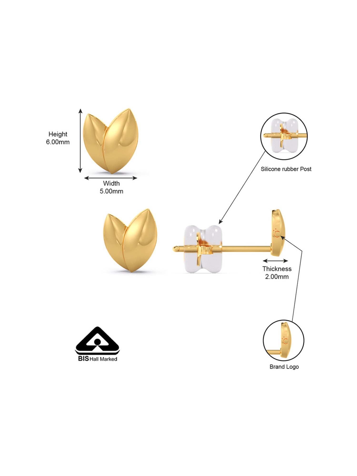 Candere by Kalyan Jewellers 18K Heart Shape Stud Earrings