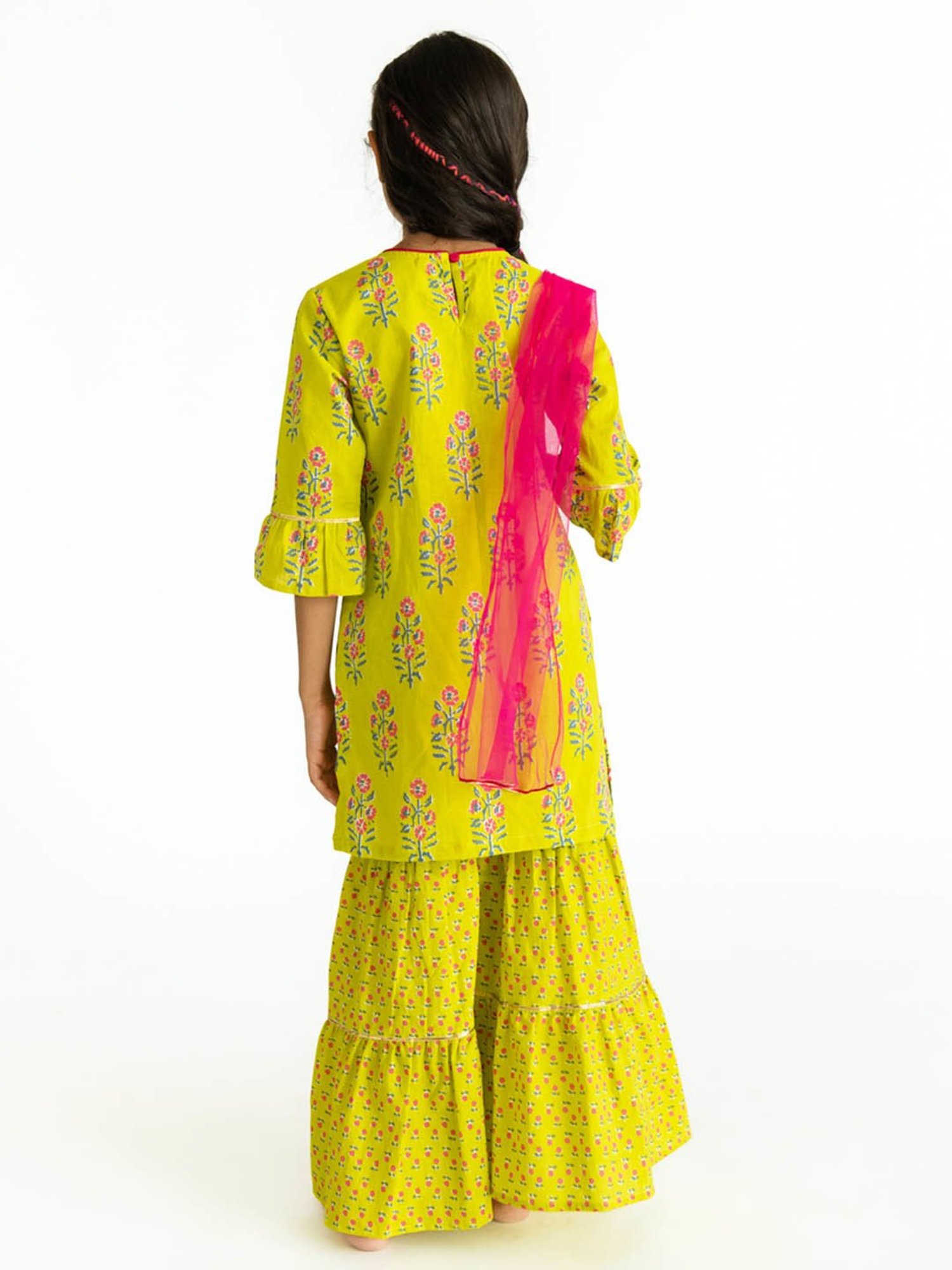 Campana Kids Lime Green & Pink Boota Block Print Kurti, Sharara & Dupatta