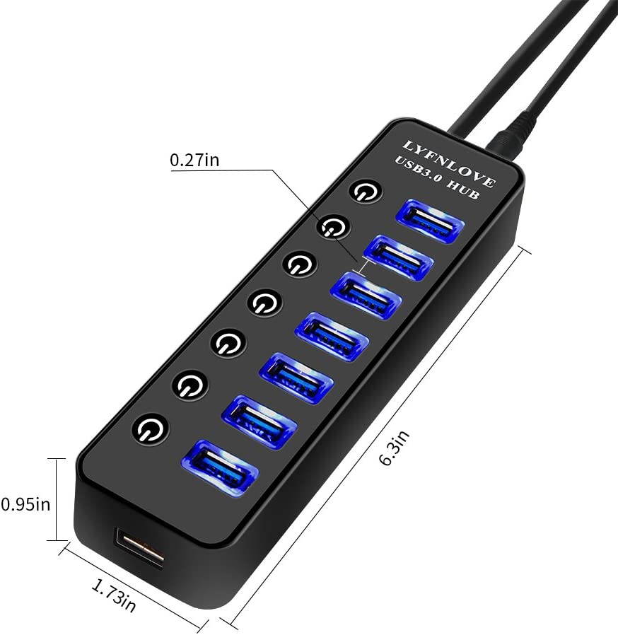 Powered USB 3.0 Hub, 7-Port Data USB Hub with Power Adapter and One Smart Charging Port, USB Splitter with Individual On/Off Switches for MacBook, Mac Pro/Mini, iMac, Surface Pro Laptop/PC