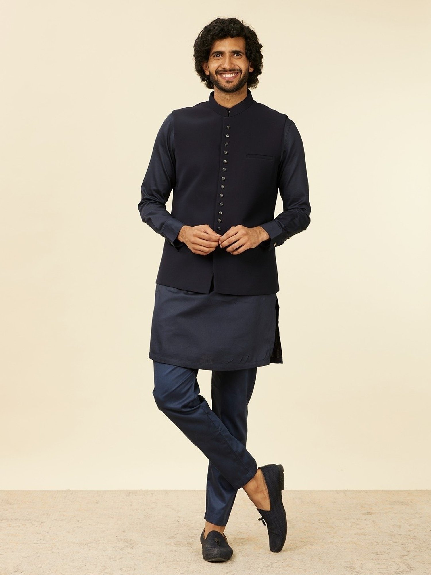 Manyavar Dark Blue Regular Fit Nehru Jacket