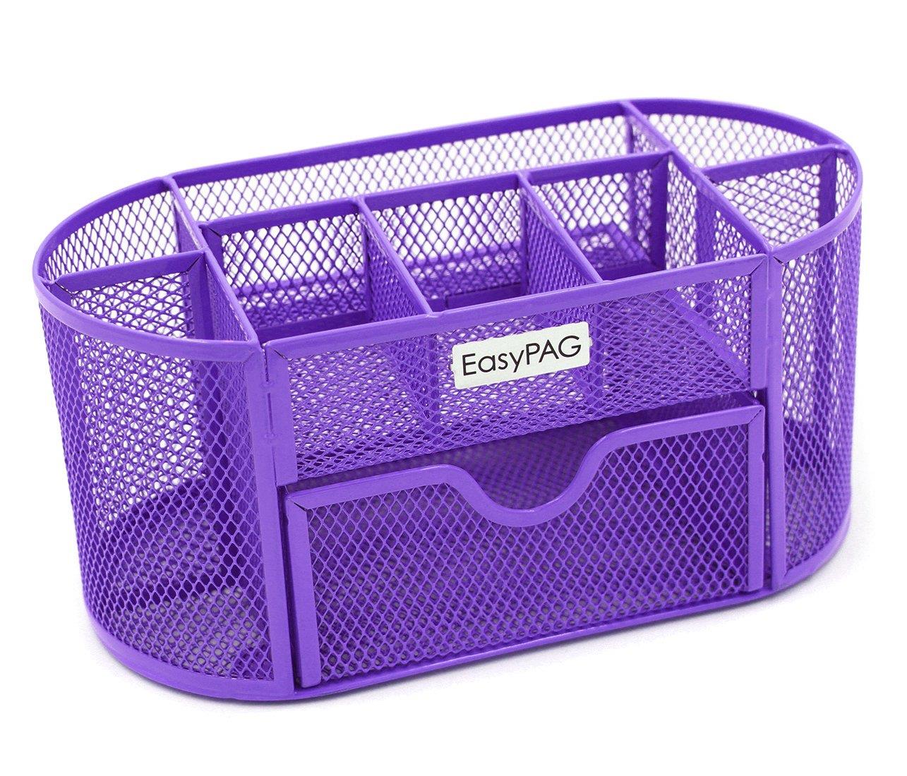 EasyPAG Desk Organizer 9 Components Mesh Office Desktop Supplies Caddy with Drawer,Purple
