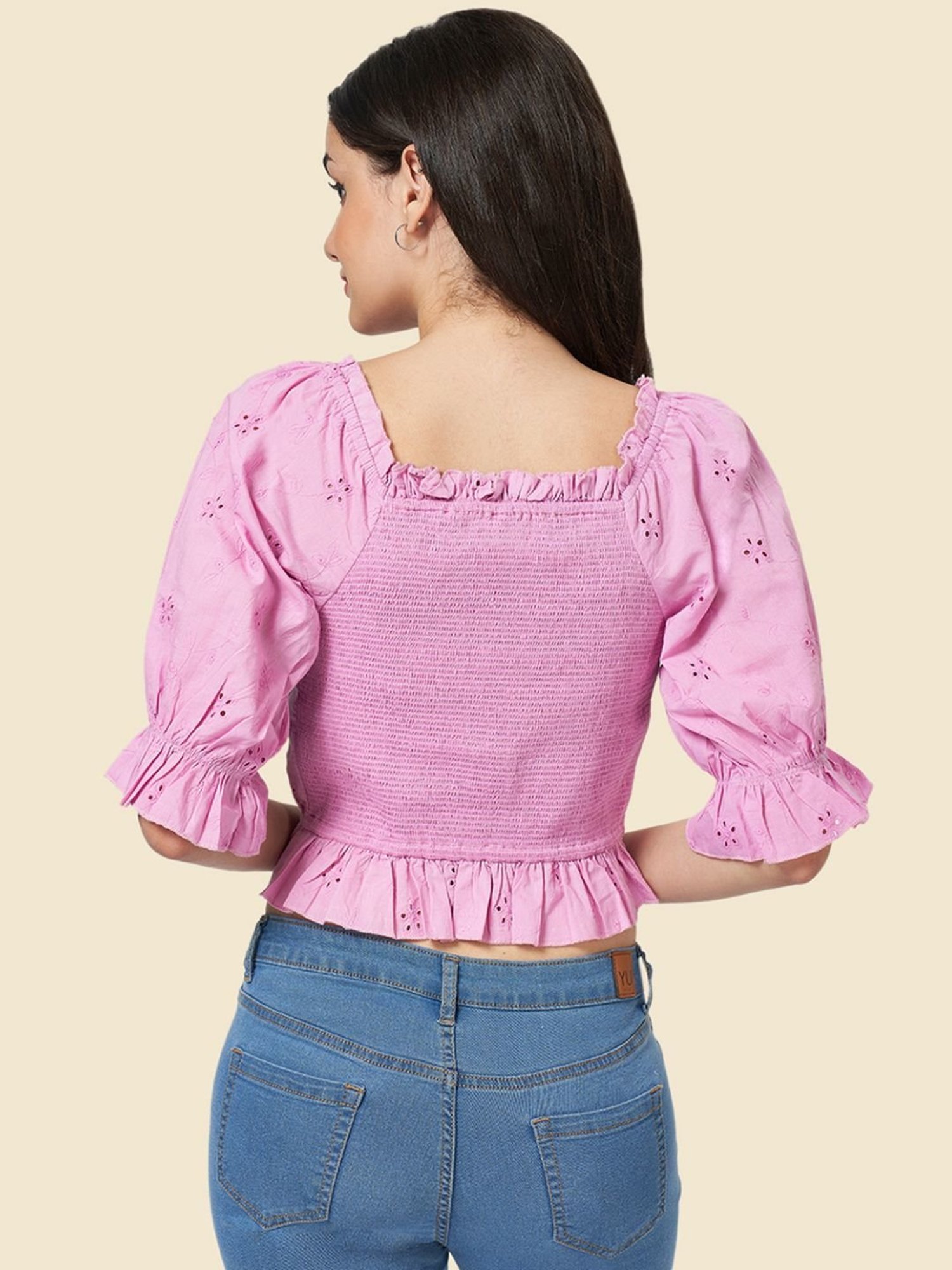 YU by Pantaloons Purple Cotton Self Pattern Crop Top