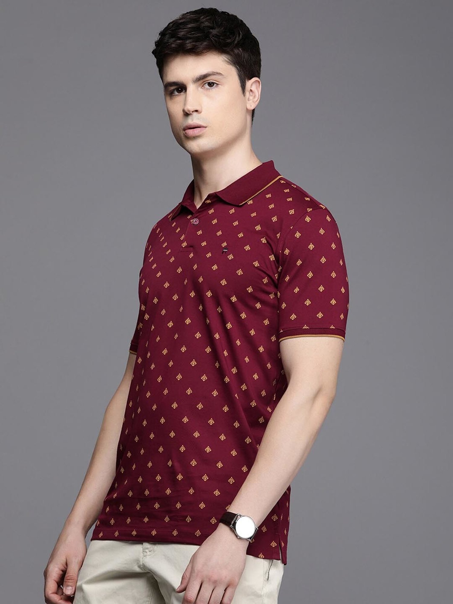 Louis Philippe Sport Maroon Cotton Slim Fit Printed Polo T-Shirt
