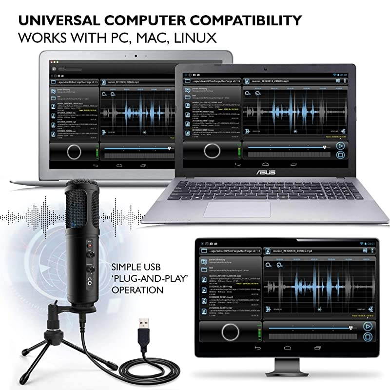 USB PC Recording Condenser Microphone Blue LED Adjustable Gain Headphone Jack Mute Control Tripod Stand Portable Pro Audio Condenser Desk Mic for Podcast Streaming Gaming  PDMIUSB50