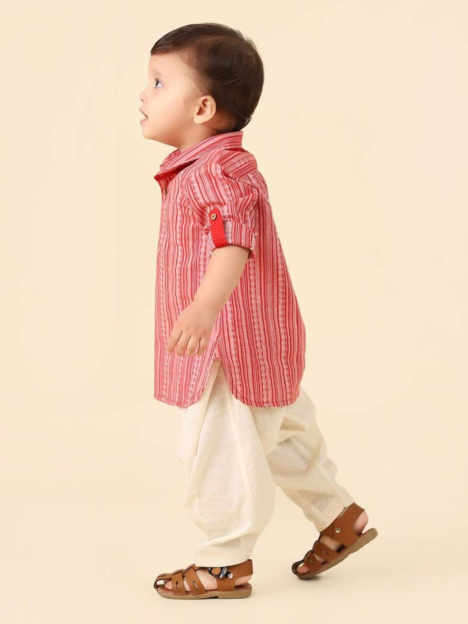 Fabindia Kids Red & Beige Cotton Embellished Full Sleeves Kurta & Pyjama