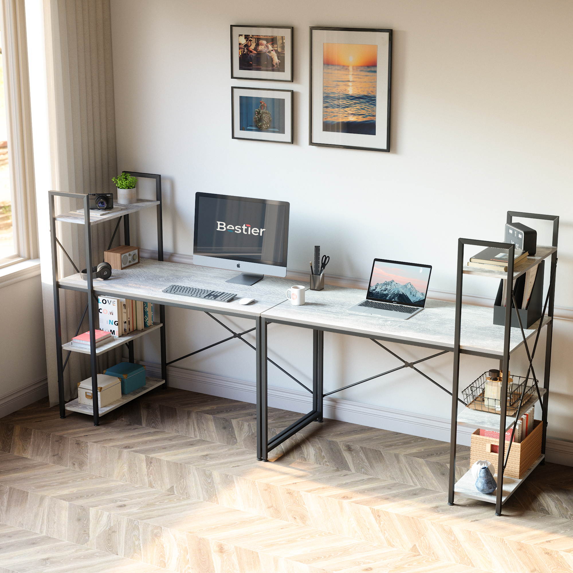 Bestier 63 Inch Computer Desk with Storage Shelves, Modern Bookshelf Desk with Headphone Hook Large Workstation Writing Desk with Reversible Bookshelves Home Office Work Table Study Desk Grey