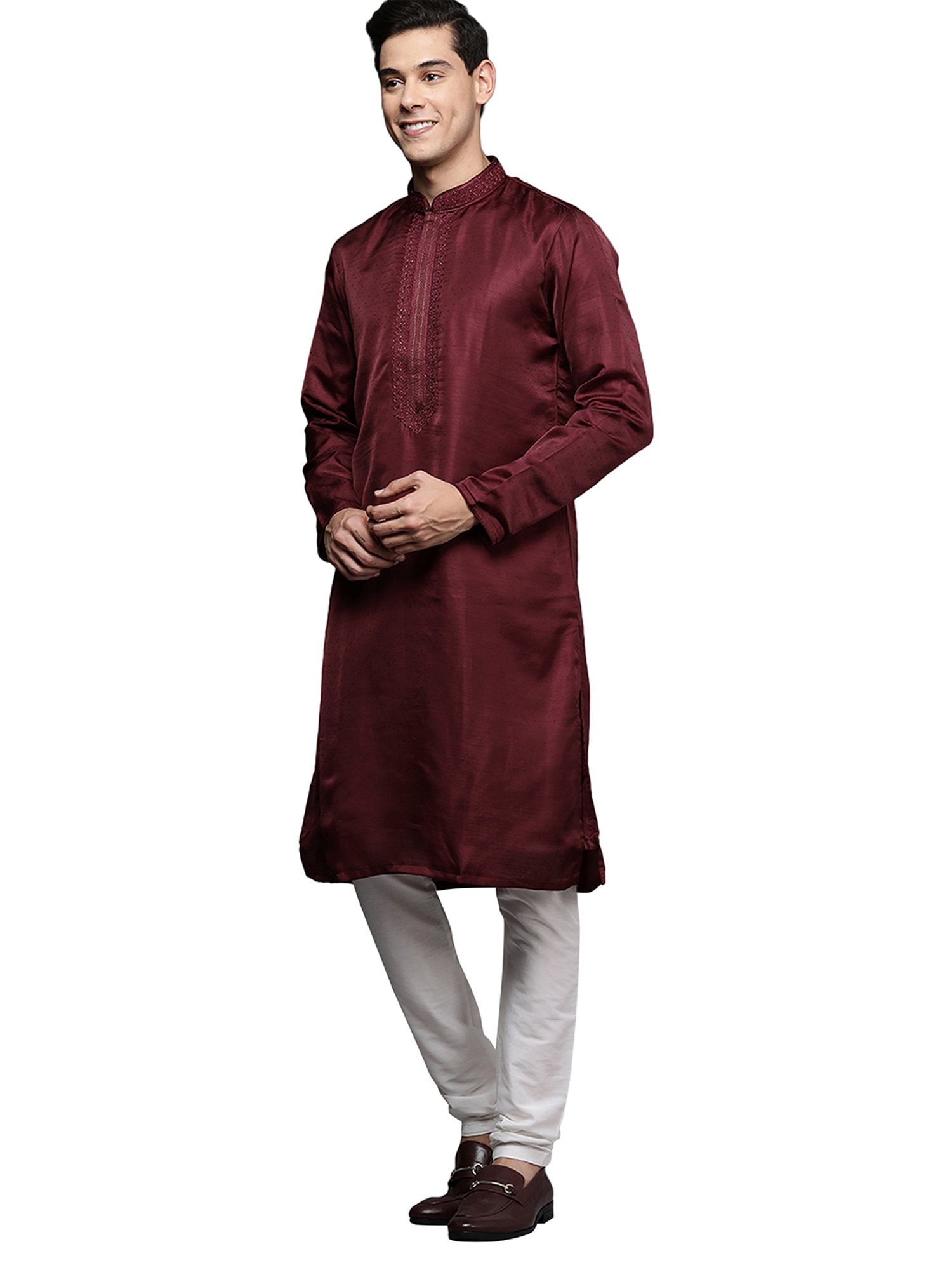 Manyavar Maroon & White Self Design Kurta & Churidar Set