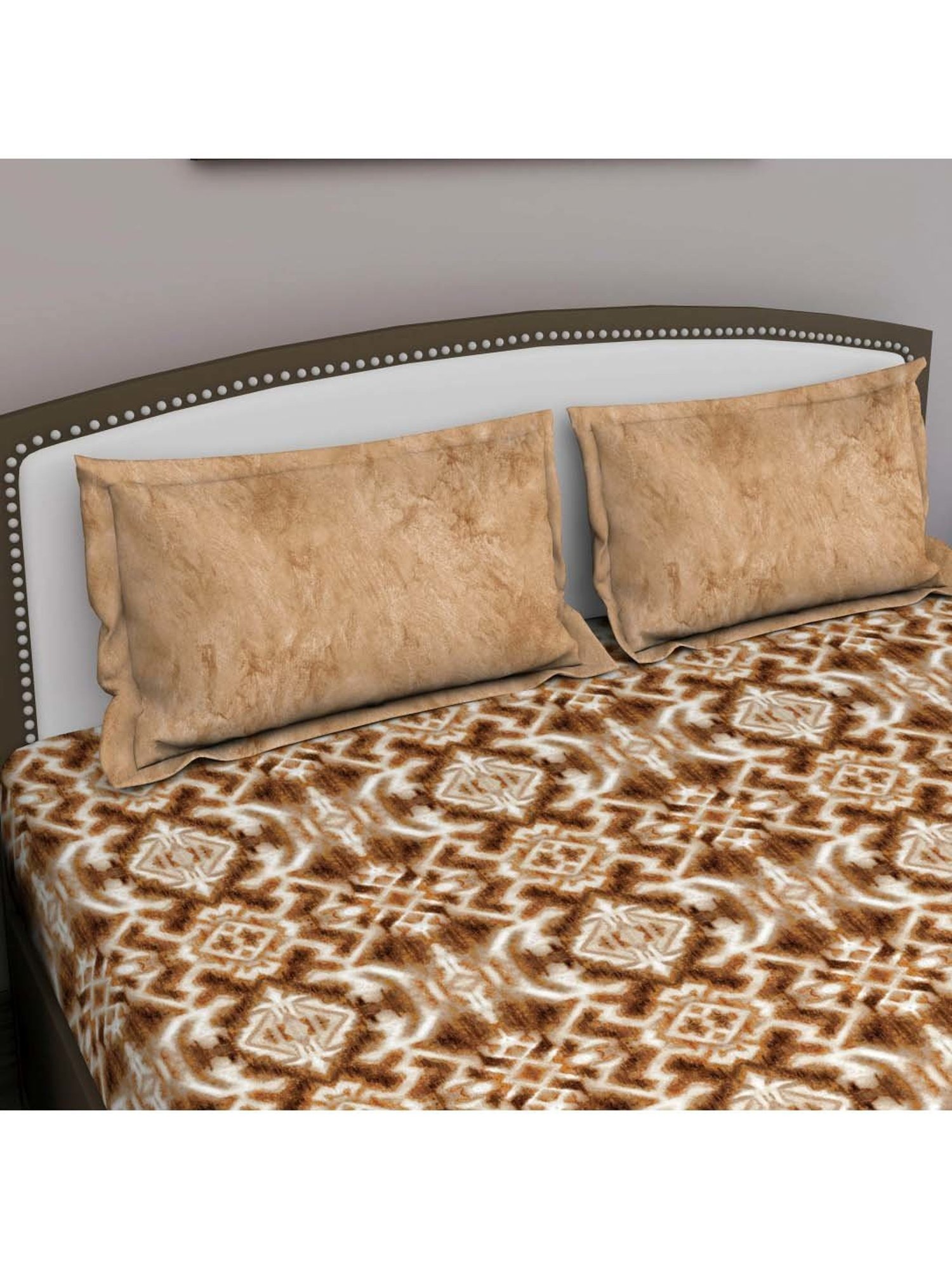 GM 'Serene' Beige Cotton 210 TC Double Bedsheet with 2 Pillow Covers