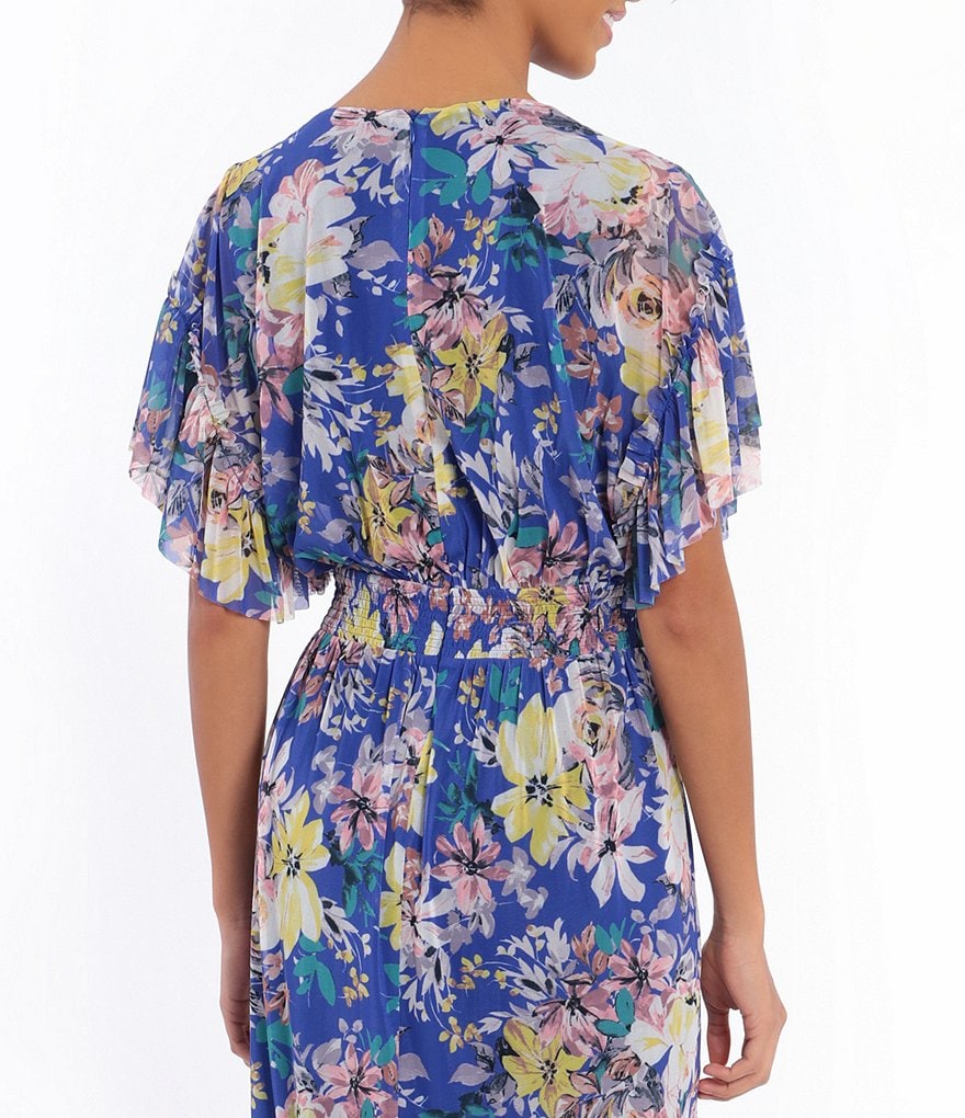 London Times Floral Short Sleeve Hi-Low Hem Faux Wrap Dress