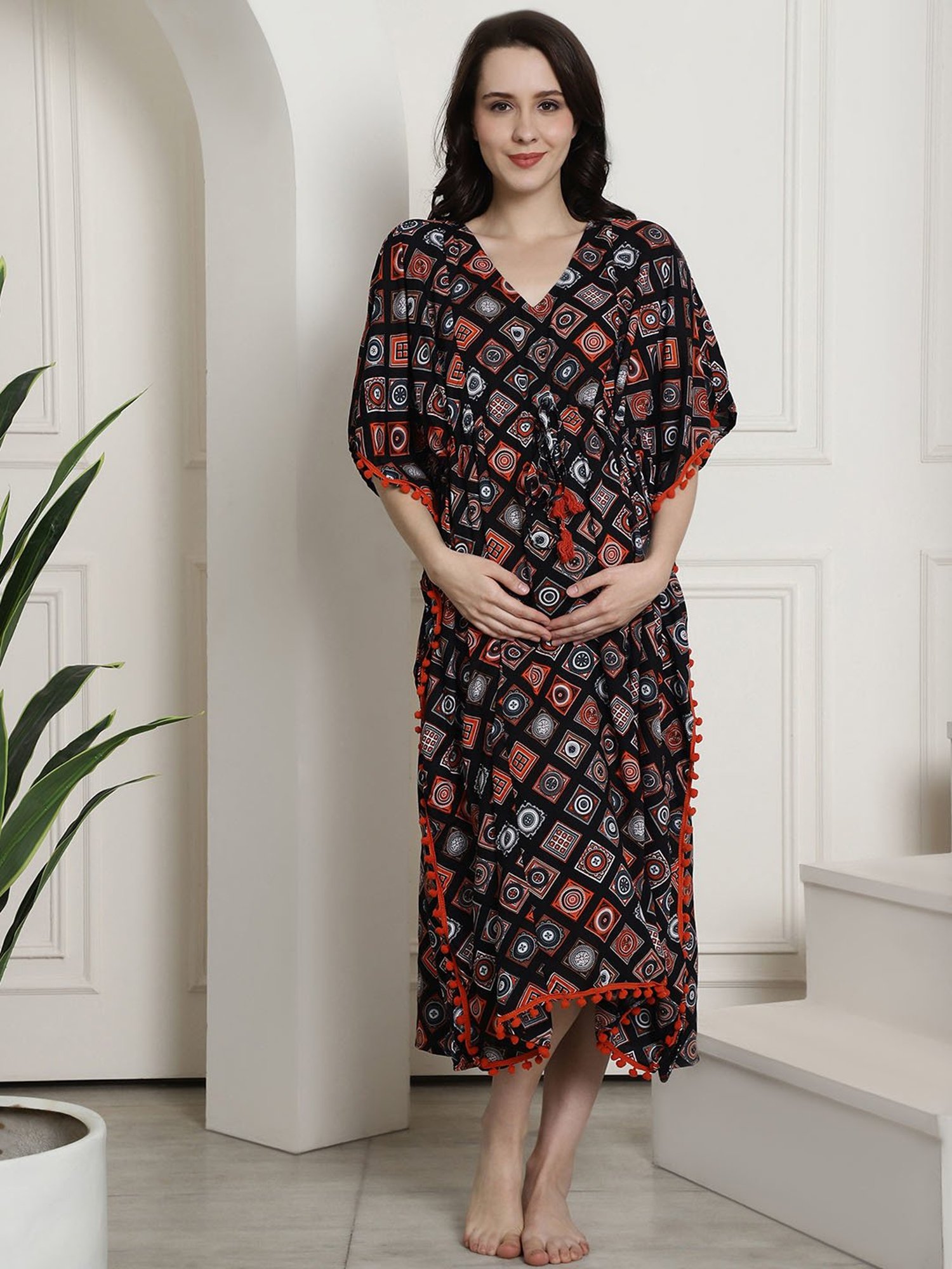 Secret Wish Black Printed Maternity Kaftan Nighty