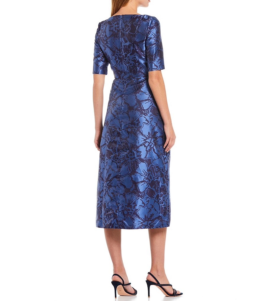 Kay Unger Long Bishop Sleeve V-Neck Crepe A-Line Dress