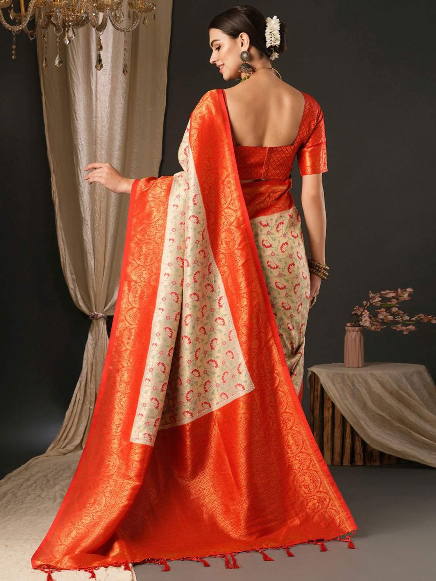 Saree Mall Beige & Orange Woven Saree With Unstitched Blouse