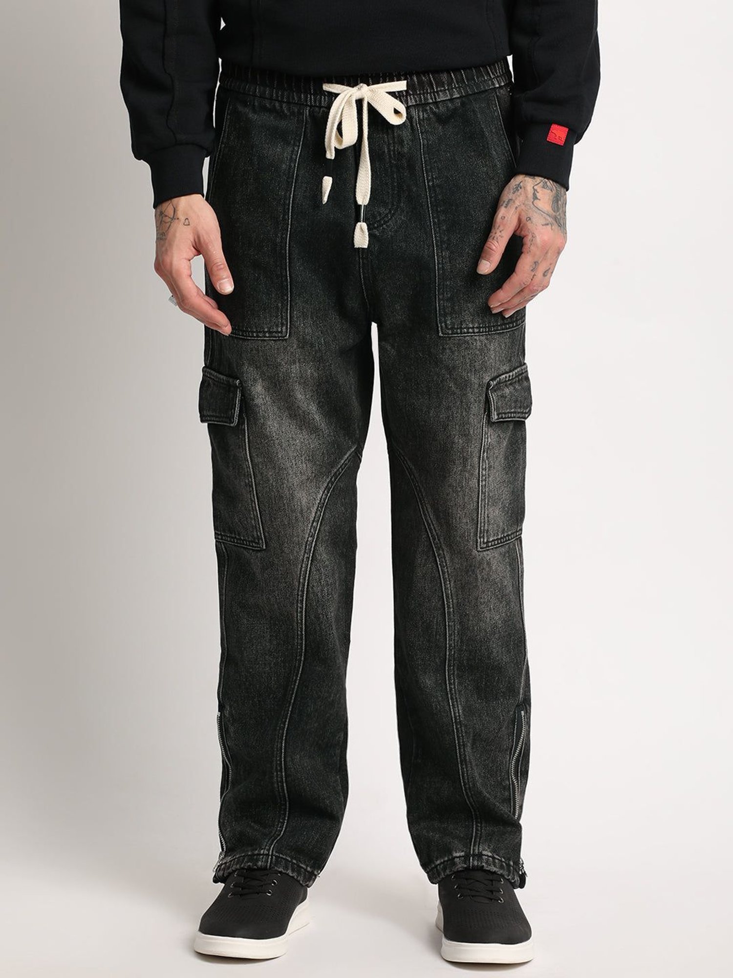The Bear House Black Cotton Straight Fit Cargo Jeans