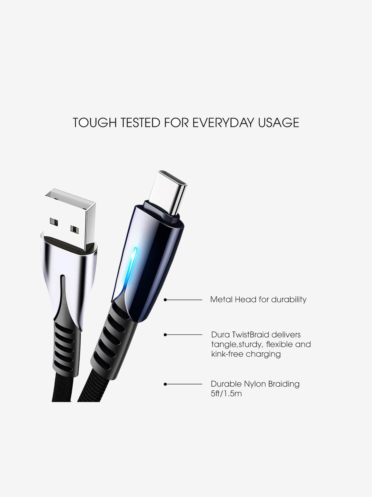 Fuelbox Nylon Extra Tough Tested Braided Cable With Ultra Flexible 1.5M (Black)