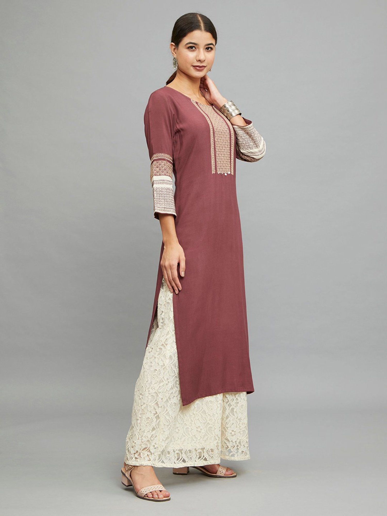 paislei Light Brown Embroidered A Line Kurta