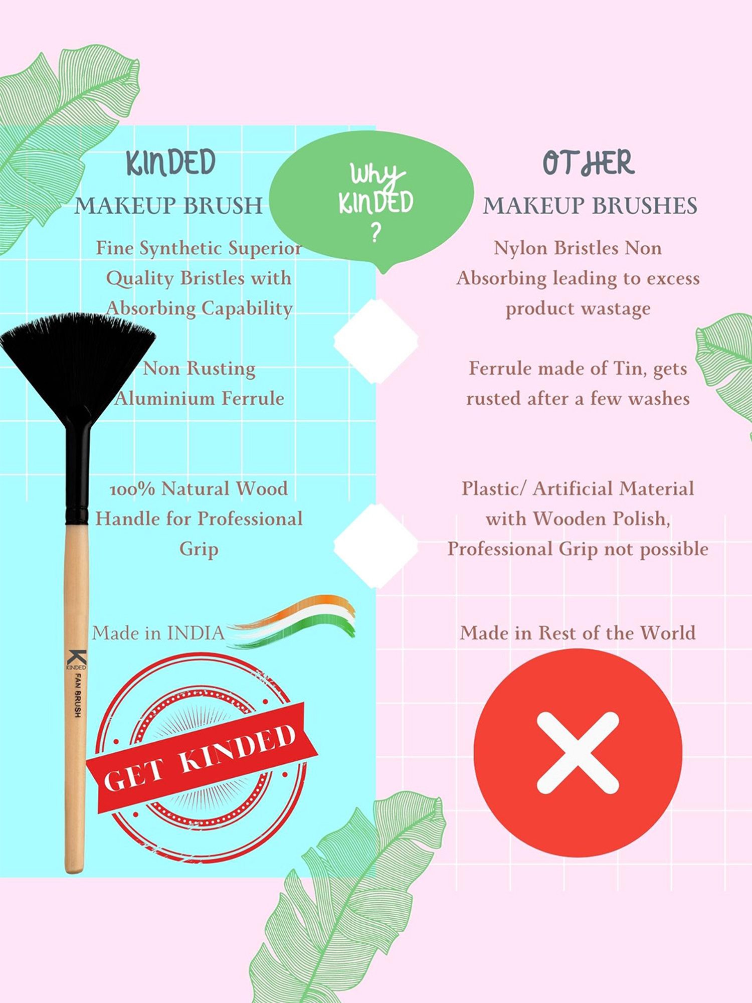 KINDED Fan Makeup Brush with Natural Wooden Handle