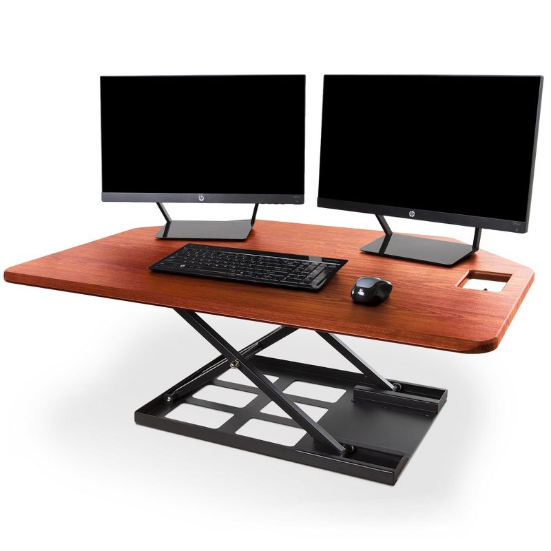 X-Elite Premier Corner Standing Desk Converter with Pneumatic Height Adjustment &ndash; Cherry &ndash; Stand Steady