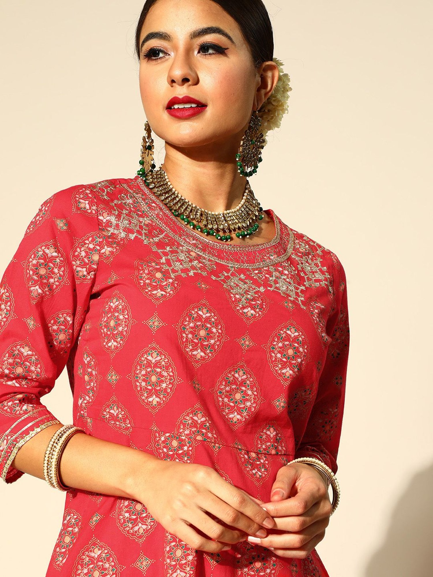 Ishin Red Printed Kurti Sharara Set With Dupatta