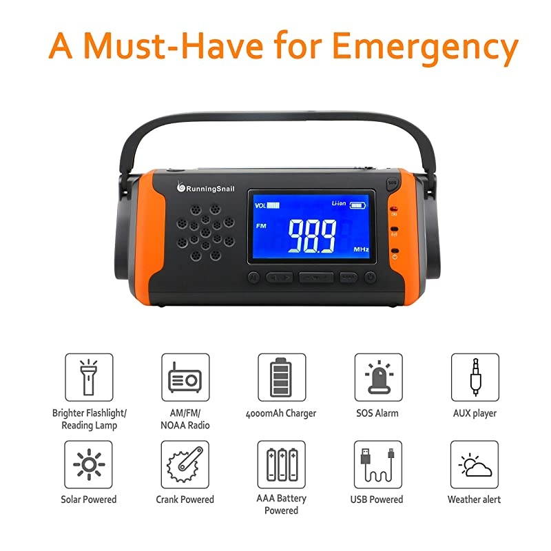 NOAA Weather Crank Solar Powered Portable Radio with 4000mAh Battery Power for Cell Phone Bright Flashlight for Household and Outdoor Survival 097Orange