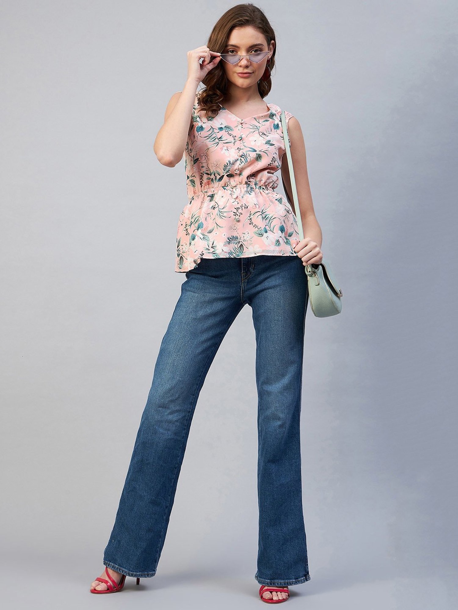Carlton London Peach Floral Print V-Neck Top