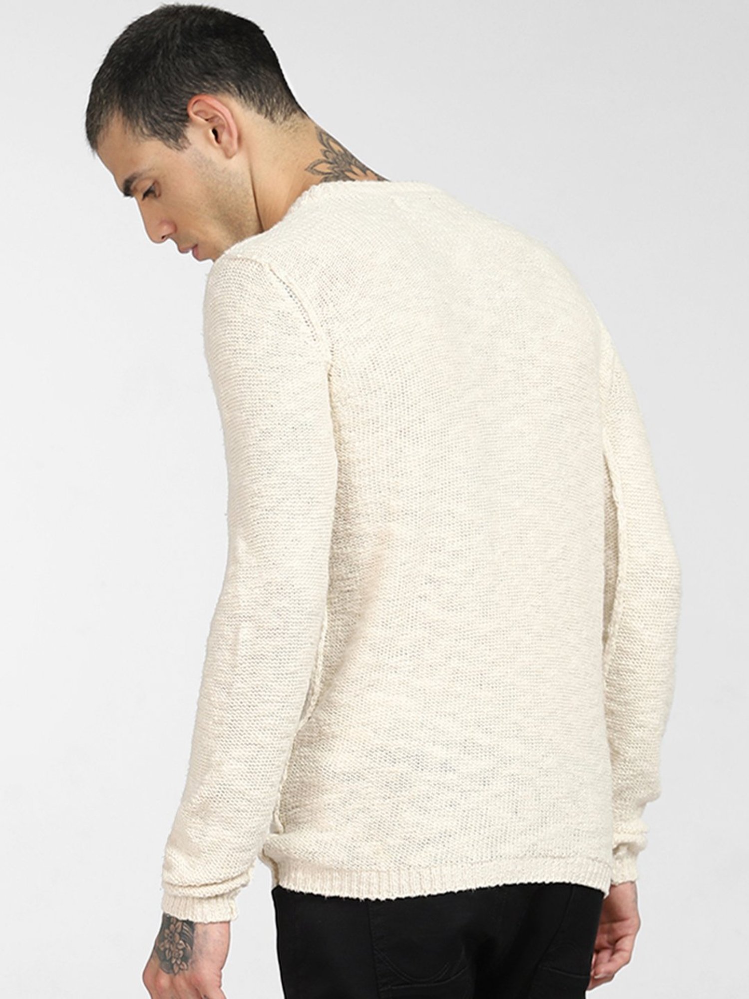 Jack & Jones Beige Cotton Regular Fit Self Pattern Sweater