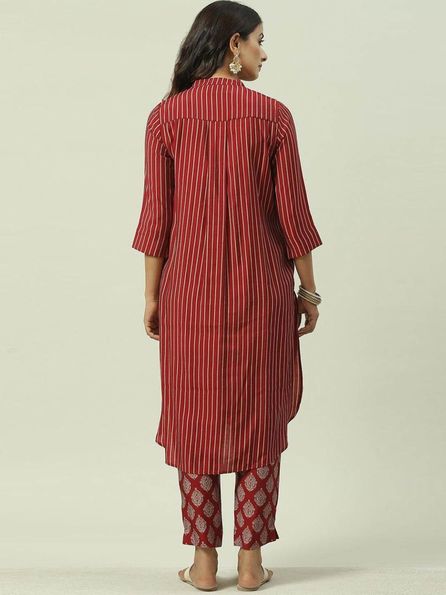 Biba Red Striped Kurta Pant Set