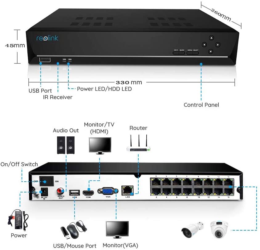 Reolink 16 Channel 4K PoE NVR Support 4K/8MP 5MP 4MP PoE/WiFi Cameras with 3TB HDD Network Video Recorder RLN16-410