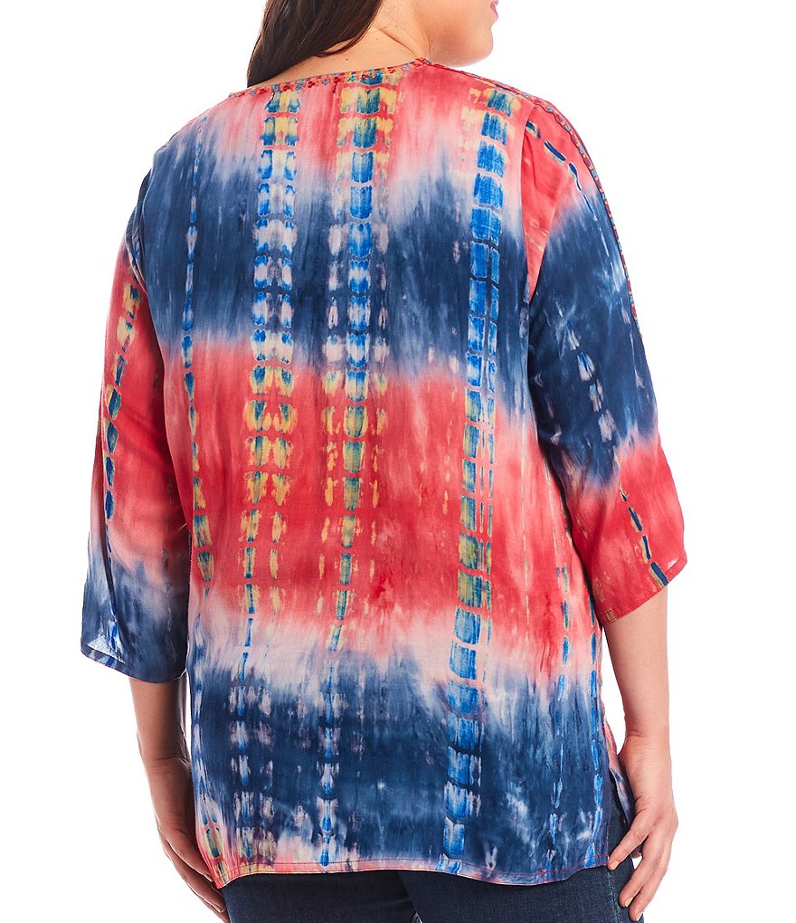 Calessa Plus Size Tie-Dye Floral Embroidered 3/4 Sleeve V-Neck Tunic