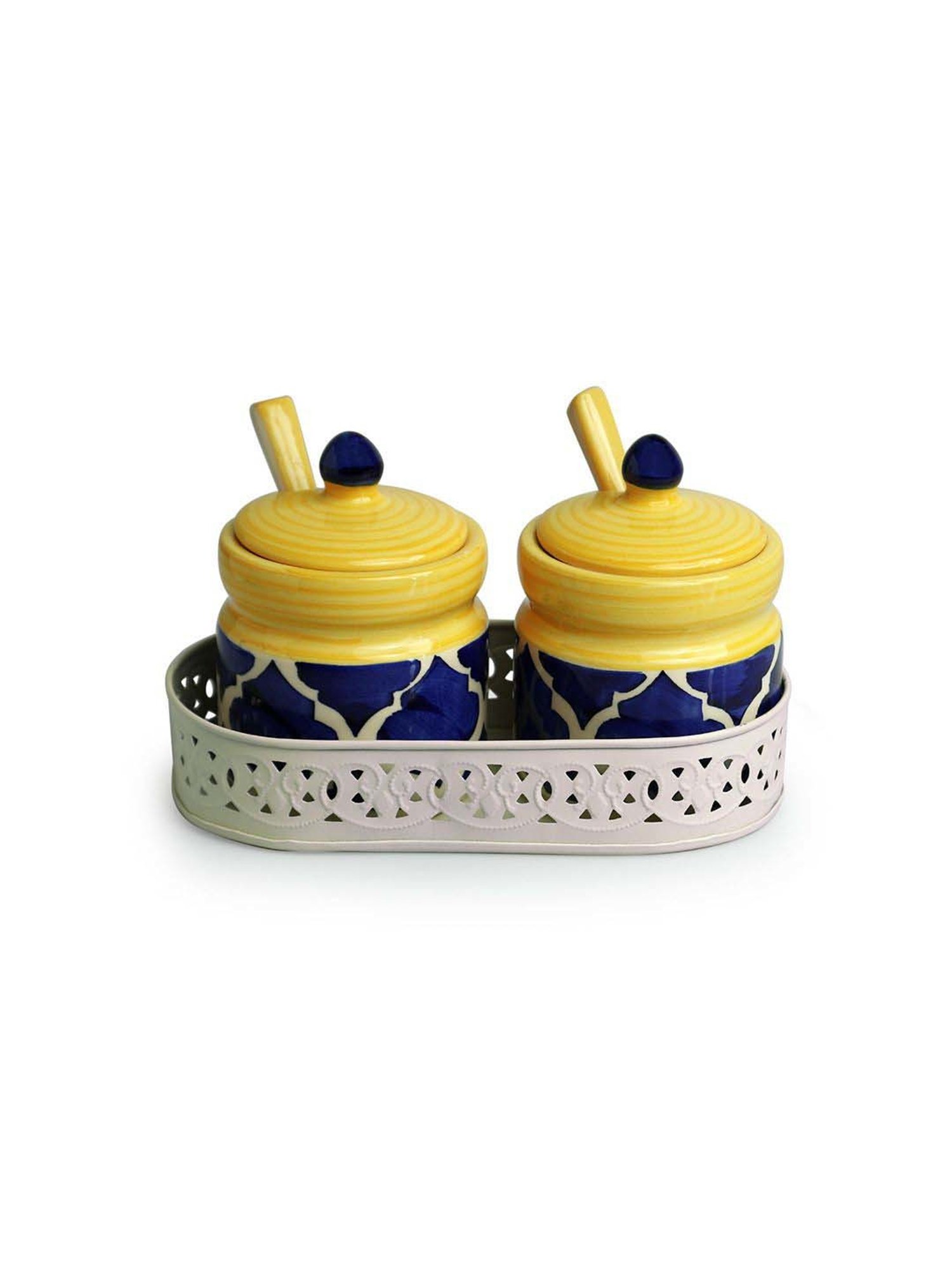 ExclusiveLane Blue & Yellow Ceramic Moroccan Pickle Jar Set with Iron Tray & Spoon