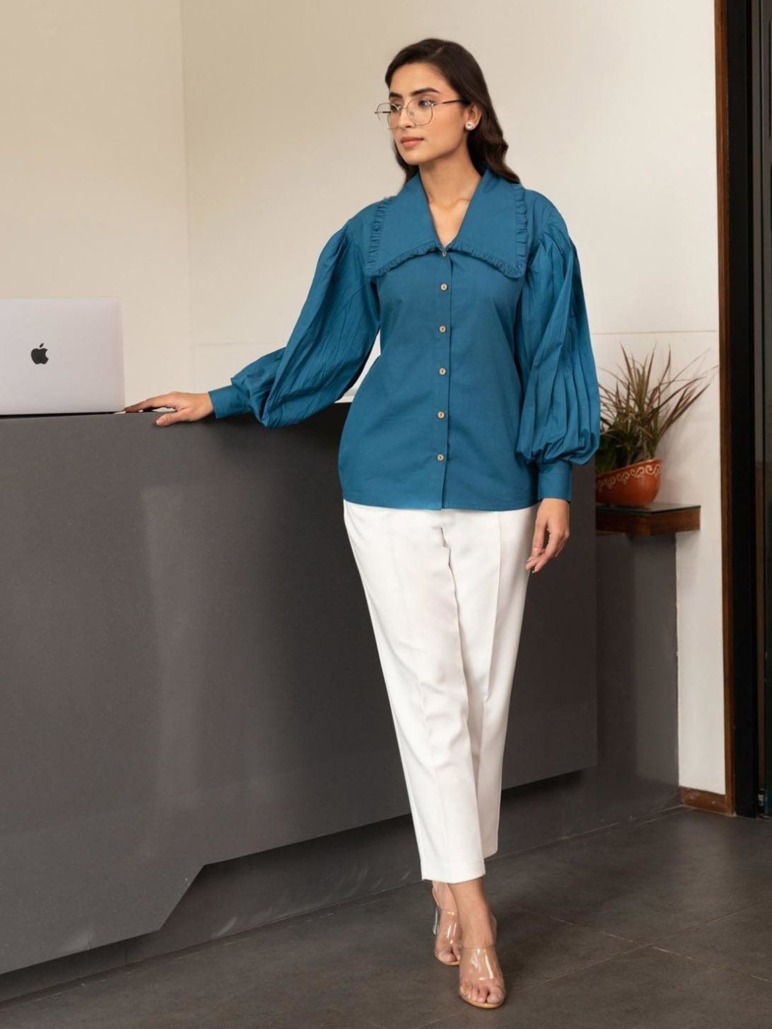 BInfinite Prussian Blue Baloon Sleeve Shirt and White Trousers