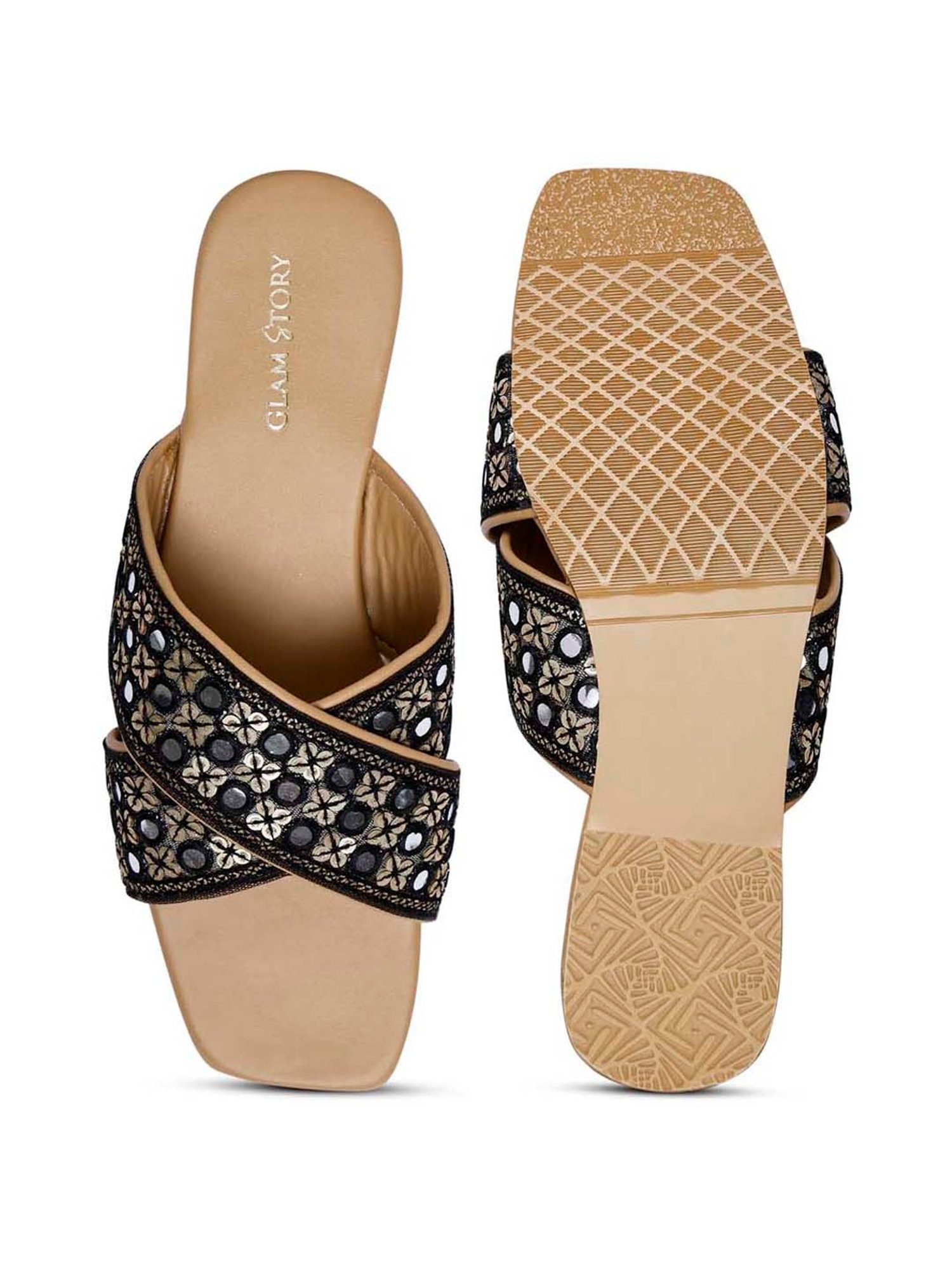 Glam Story Women's Black Cross Strap Sandals