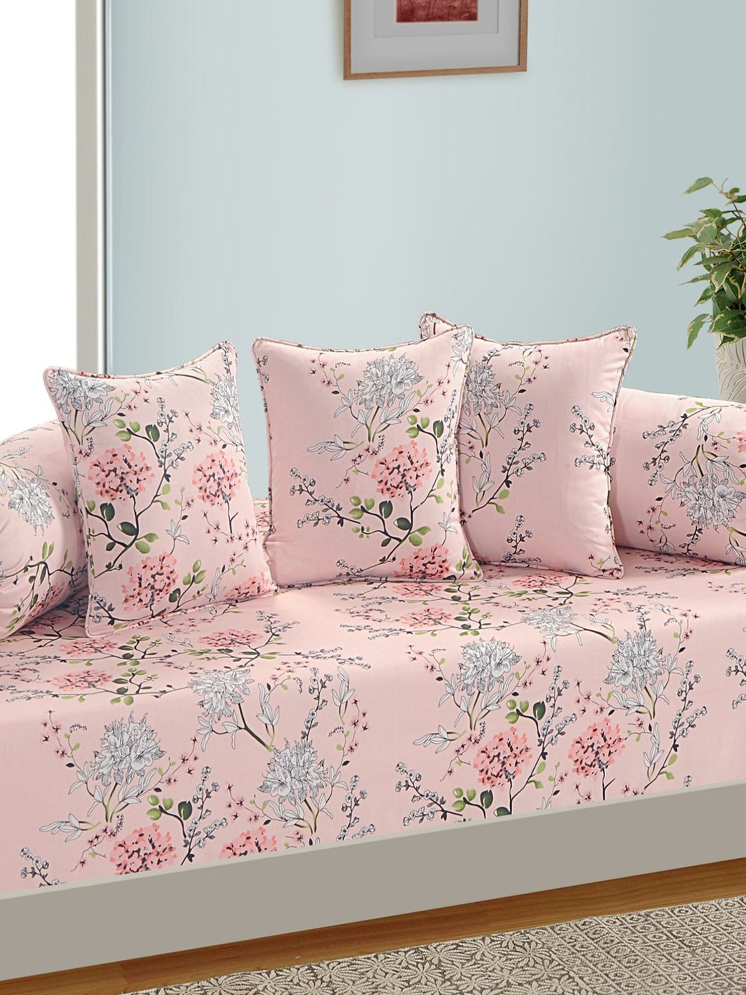 Swayam Pink & Grey Floral Cotton 160 TC Diwan - Set of 6