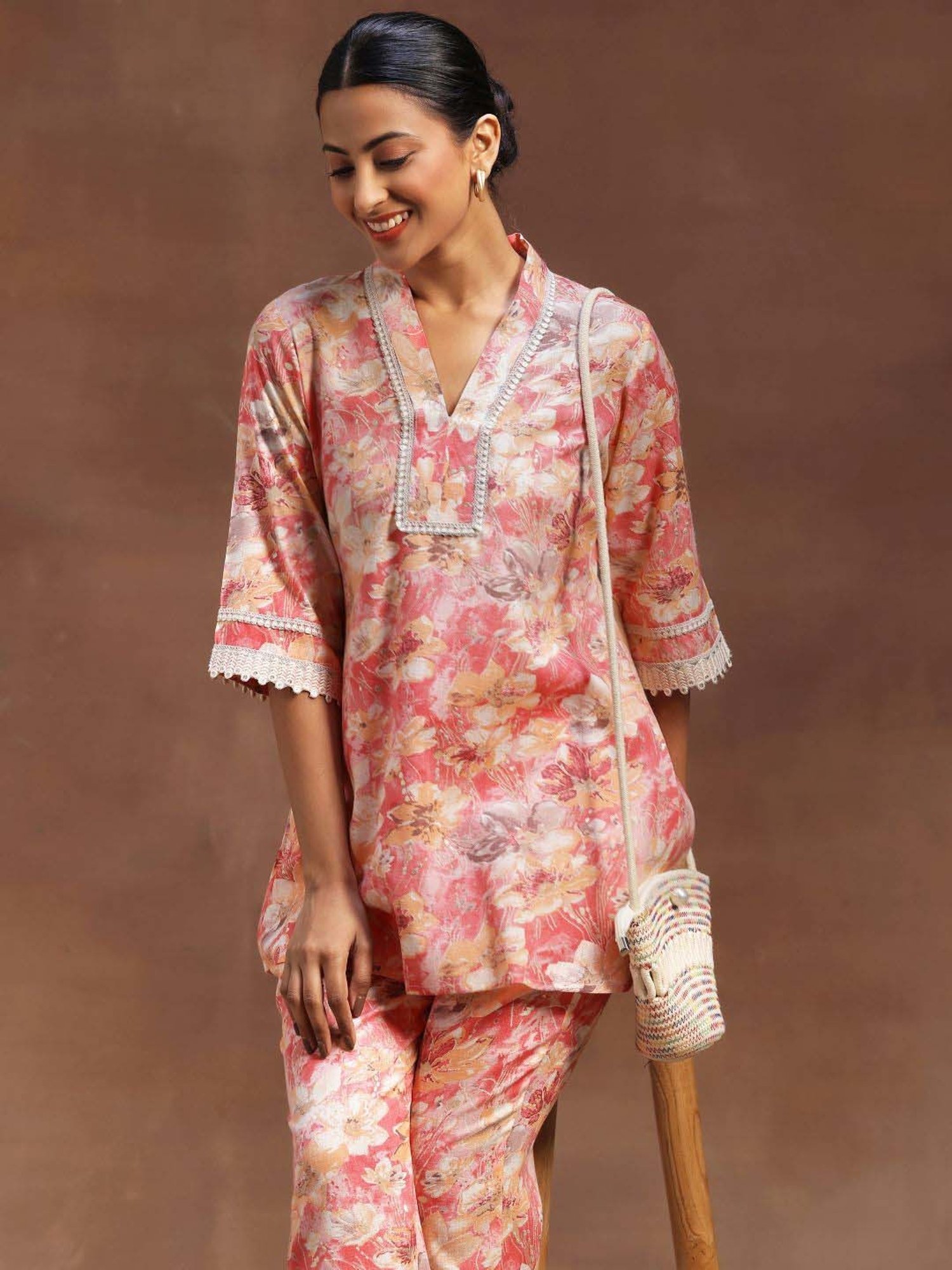 Libas Peach Printed Cotton Blend Co-Ords