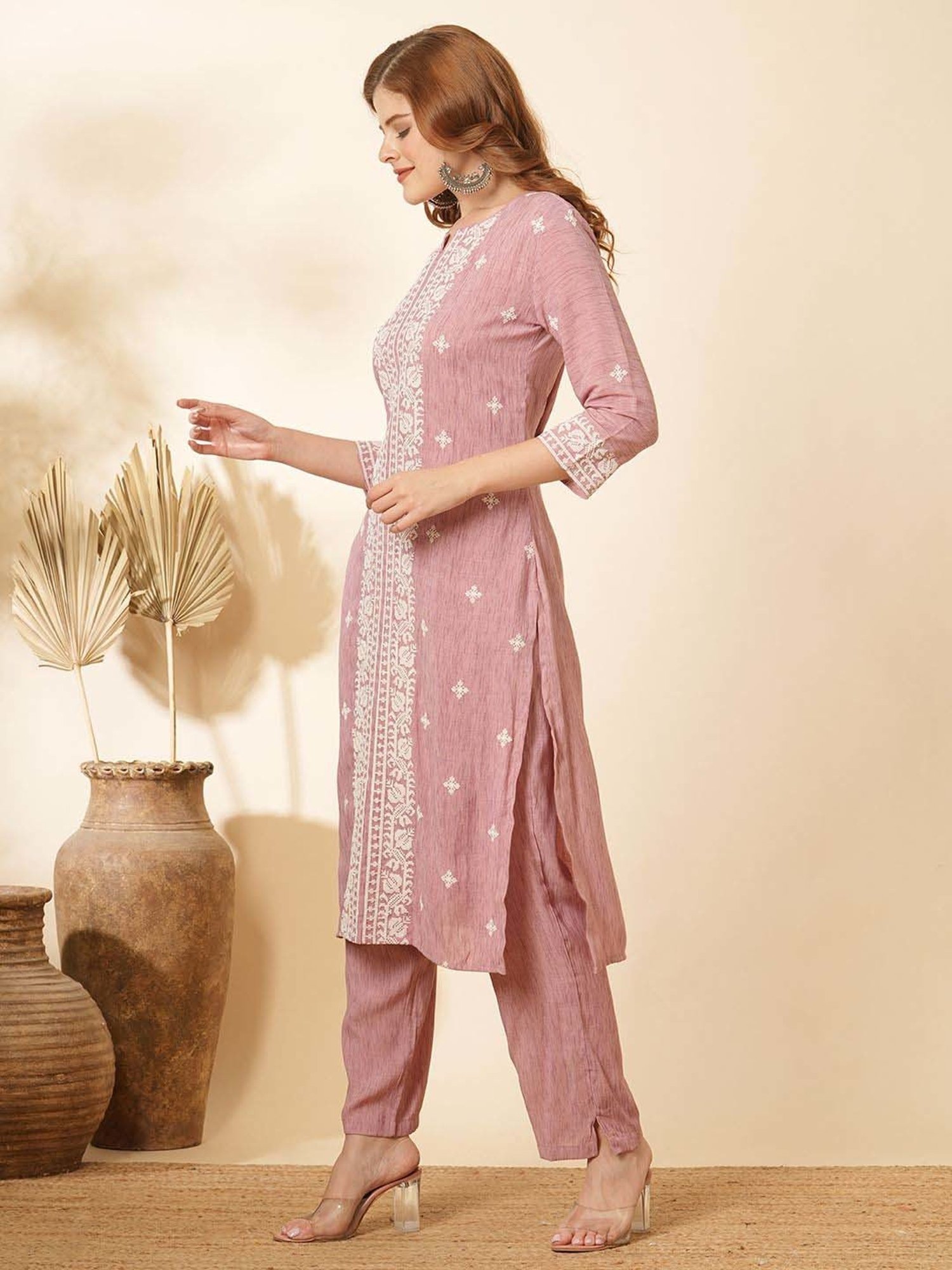 Fashor Pink Embroidered Kurta & Pant Set